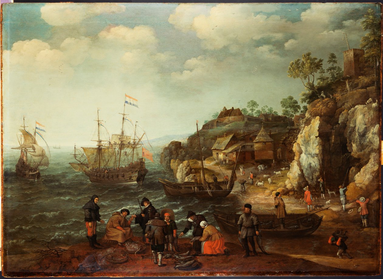Kystscene med fiskere og jegere på kysten, 1626 av Adam Willaerts