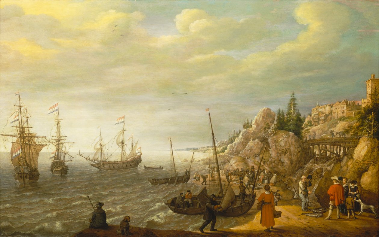 Nederlandske skip for anker utenfor en befestet skandinavisk by av Adam Willaerts