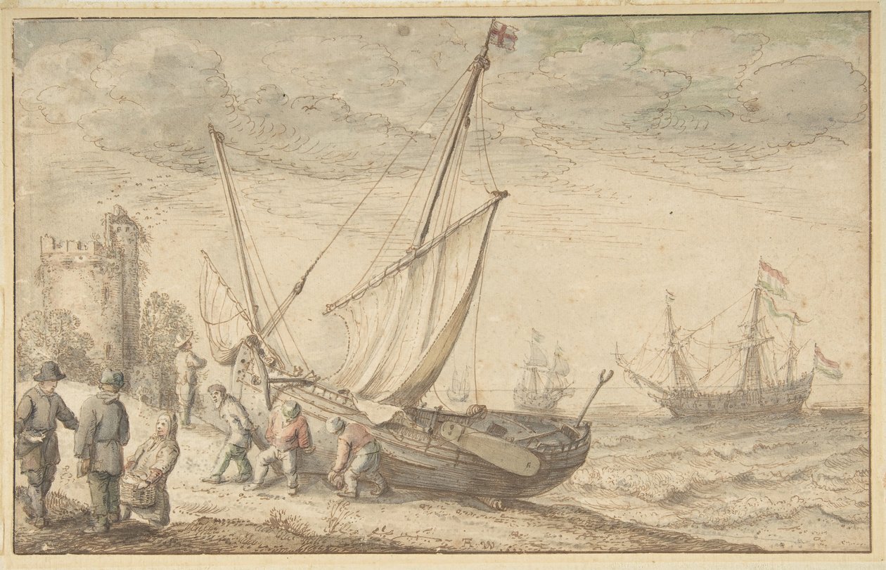 Fiskere drar båten sin inn på kysten, n.d. av Adam Willaerts