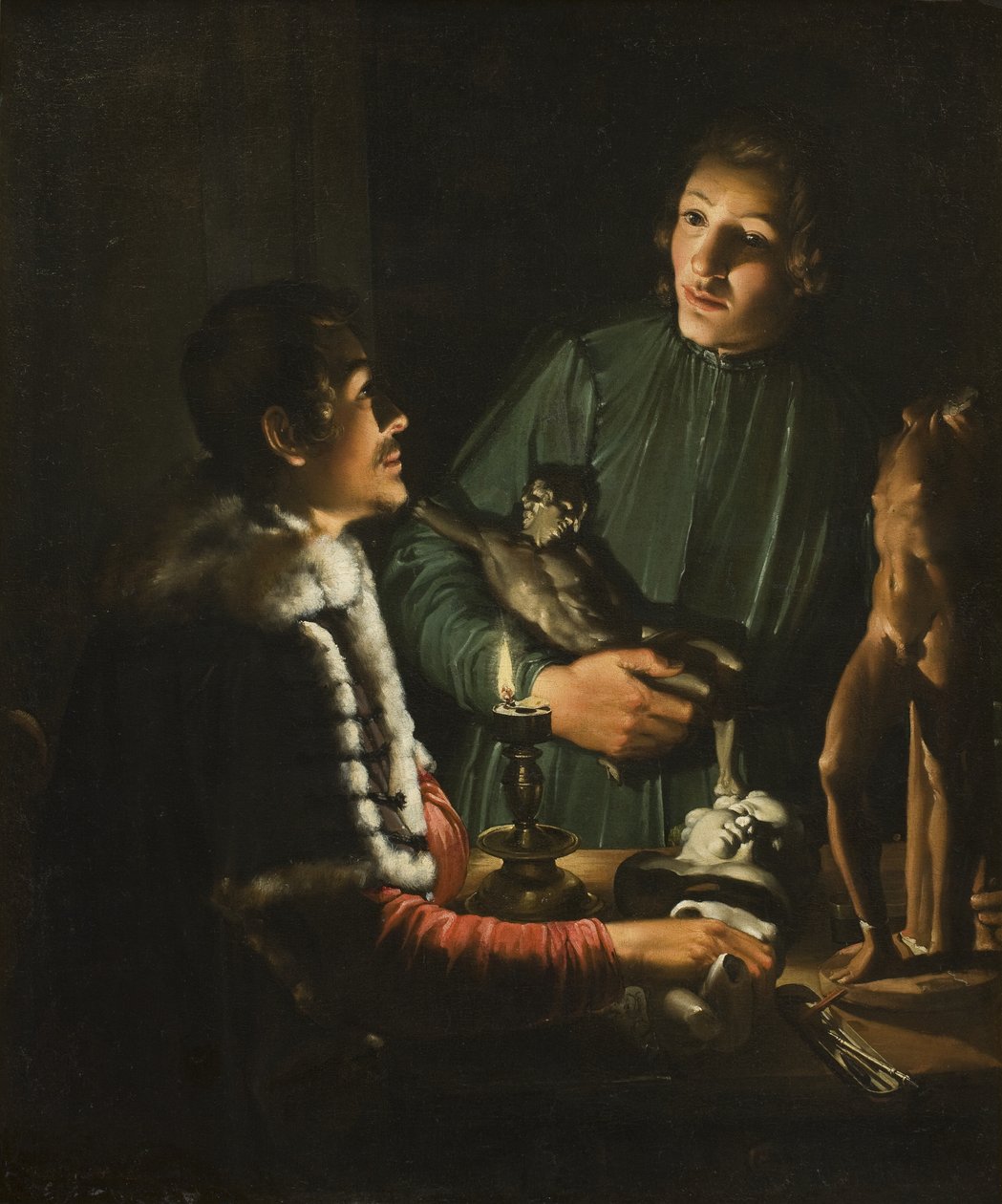 To skulptører om natten i Roma. Dobbeltportrett av Francois Duquesnoy og Georg Petel av Adam de Coster