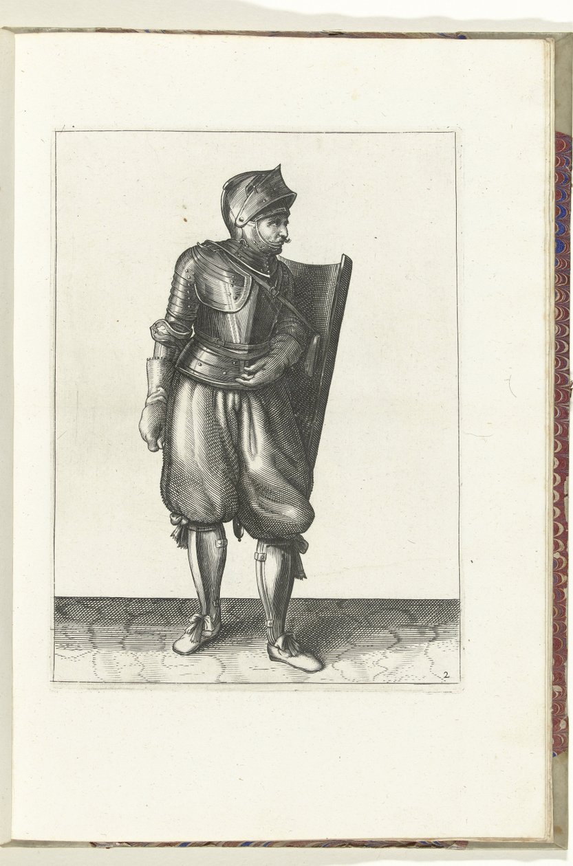 Øvelsen med skive og griper: soldaten bringer skiven bakfra over venstre skulder (nr. 2), 1618 Nassausche Wapen-Handelinge, van Schilt, Spies, Rappier and the Targe: beyde figuerlick avbildet, og innrammet etter den nye rekkefølgen [av] (... av Adam van Breen