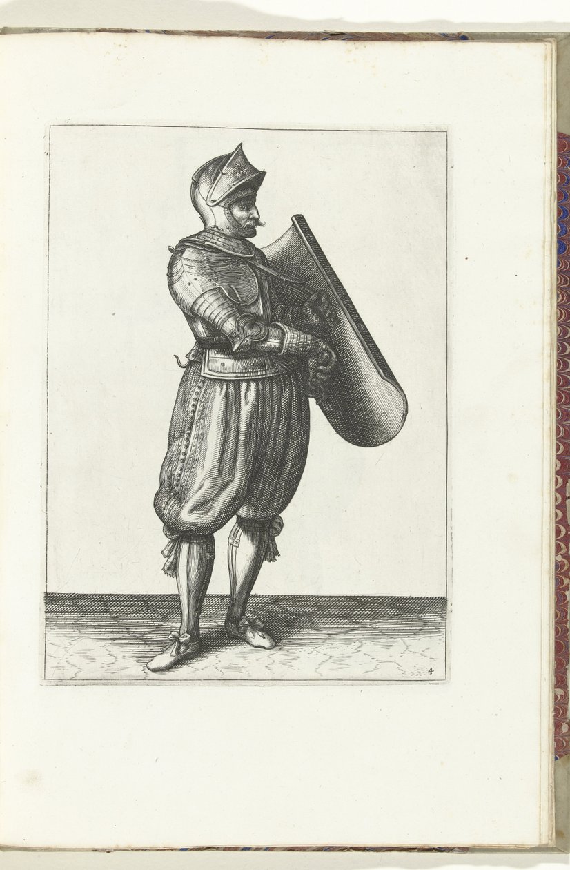 Øvelsen med skive og griper: soldaten holder skiven litt fremover for å tegne griperen (nr. 4), 1618 Nassausche Wapen-Handelinge, van Schilt, Spies, Rappier and the Targe: beyde figuerlick avbildet, og innrammet etter den nye ordren av Adam van Breen