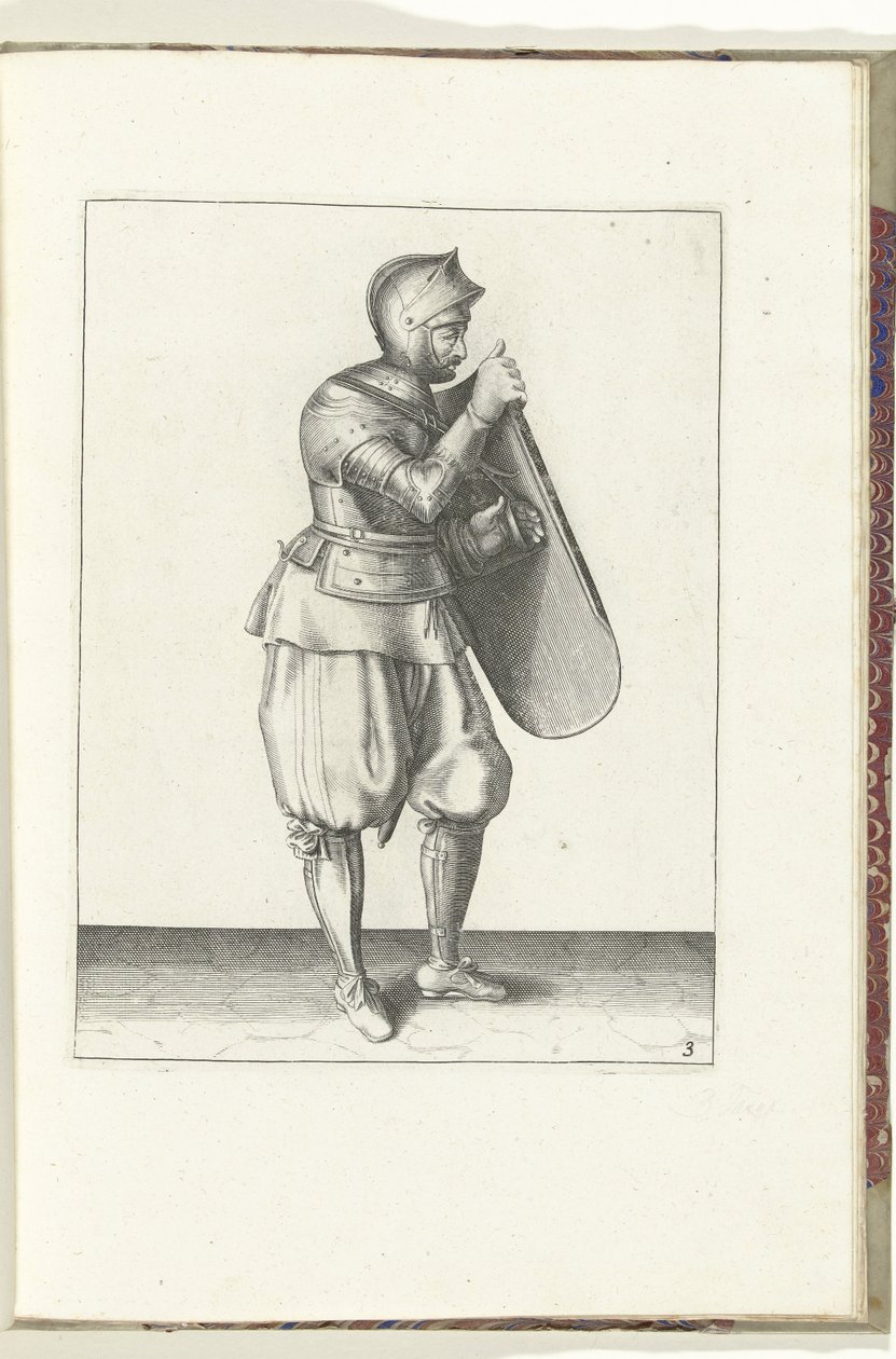 Øvelsen med skiven og griperen: soldaten holder skiven med høyre hånd og tar tak i beltet med venstre hånd (nr. 3), 1618 De Nassausche Wapen-Handelinge, van Schilt, Spies, Rappier ende Targe : beyde figuerlick avbildet , slutt etter av Adam van Breen