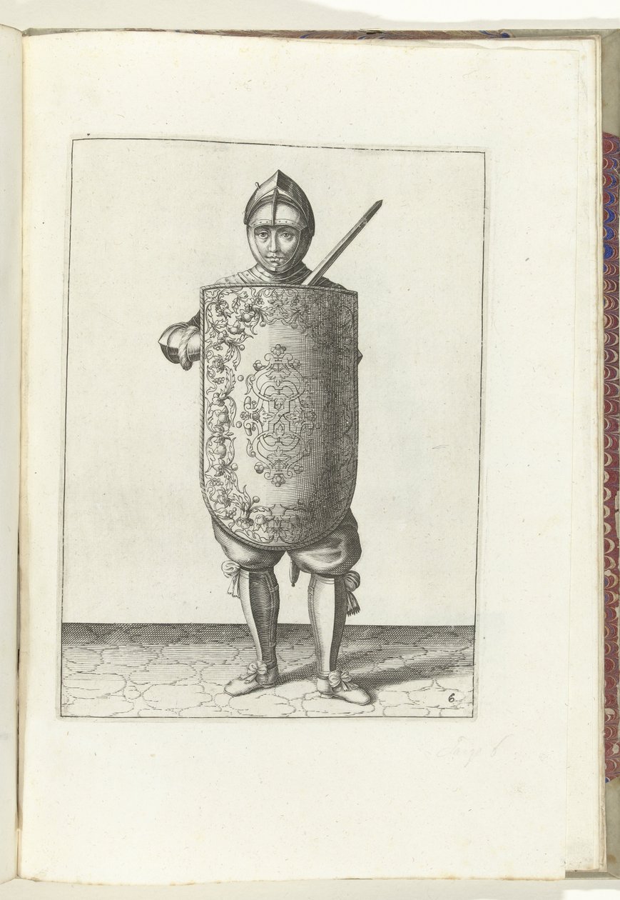 Drillen med skiven og griperen: soldaten holder skiven foran brystet og den trukket griperen mot venstre skulder (nr. 6), 1618 Nassausche Wapen-Handelinge, van Schilt, Spies, Rappier and the Targe: beyde figuerlick avbildet, ende innrammet etter av Adam van Breen