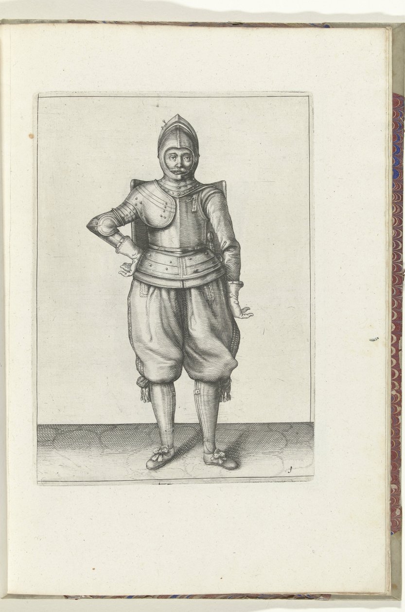 Drillen med skiven og griperen: soldaten i ro med skiven på ryggen (nr. 1), 1618 Nassausche Wapen-Handelinge, van Schilt, Spies, Rappier and the Targe : beyde figuerlick avbildet, og innrammet etter den nye orden [av] (...) Maurits van Nassa av Adam van Breen