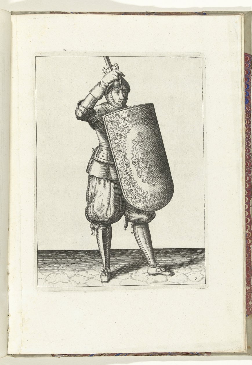 Drillen med skiven og griperen: hvordan soldaten skal lukke visiret på hjelmen med skiven og den tegnede griperen i hånden (nr. 7), 1618 Nassausche Wapen-Handelinge, van Schilt, Spies, Rappier and the Targe: beyde figuerlick avbildet, og av Adam van Breen