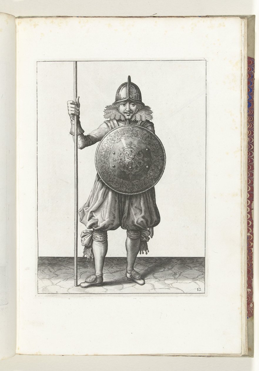 Øvelsen med skjold og spyd: soldaten returnerer spydet til hvilestilling i tre ganger, tredje sats (nr. 12), 1618 Nassausche Wapen-Handelinge, van Schilt, Spies, Rappier and the Targe: beyde figuerlick avbildet, og innrammet etter av Adam van Breen
