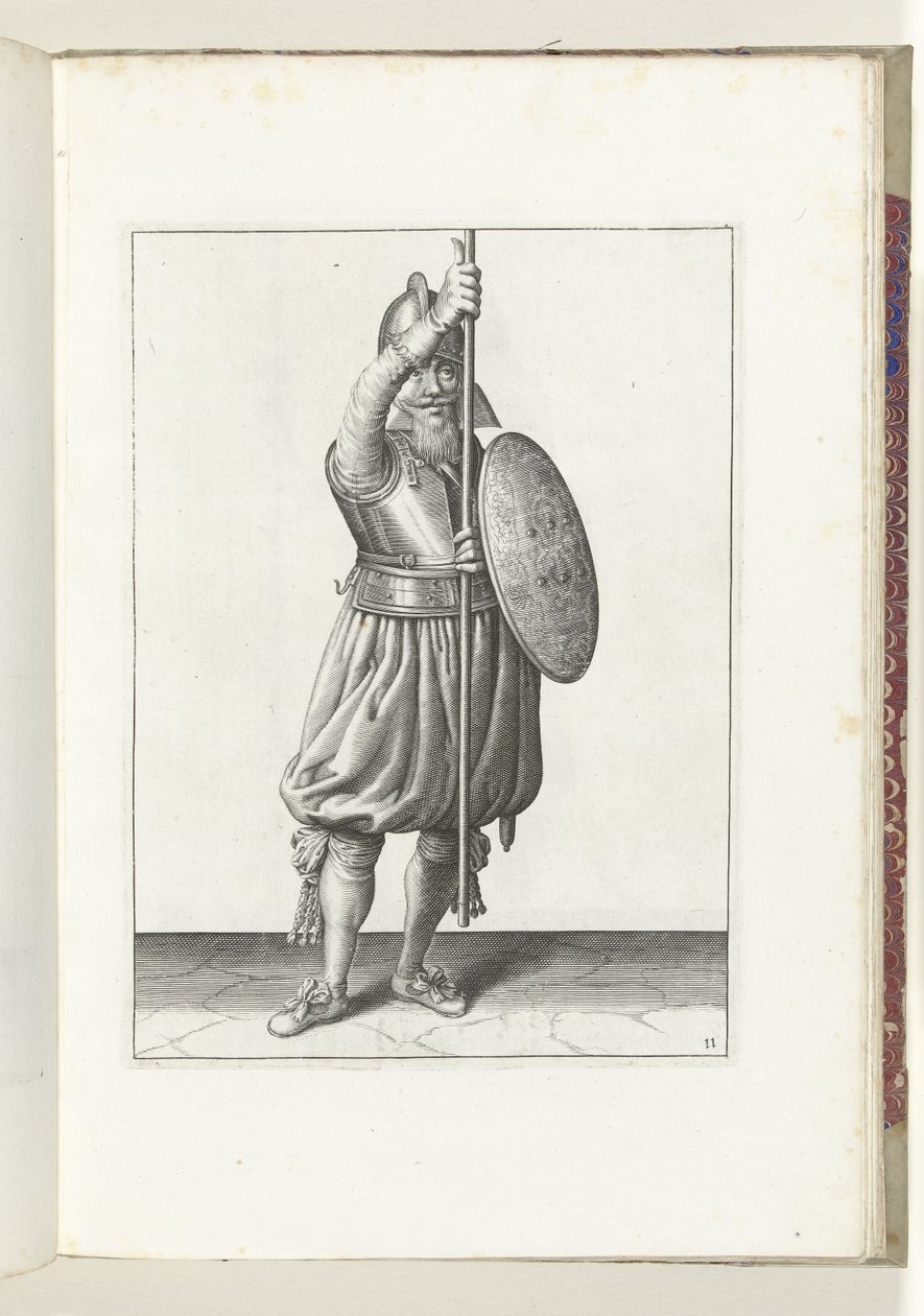 Øvelsen med skjold og spyd: soldaten returnerer spydet til hvilestilling i tre ganger, andre sats (nr. 11), 1618 Nassausche Wapen-Handelinge, van Schilt, Spies, Rappier and the Targe: beyde figuerlick avbildet, ende innrammet etter av Adam van Breen