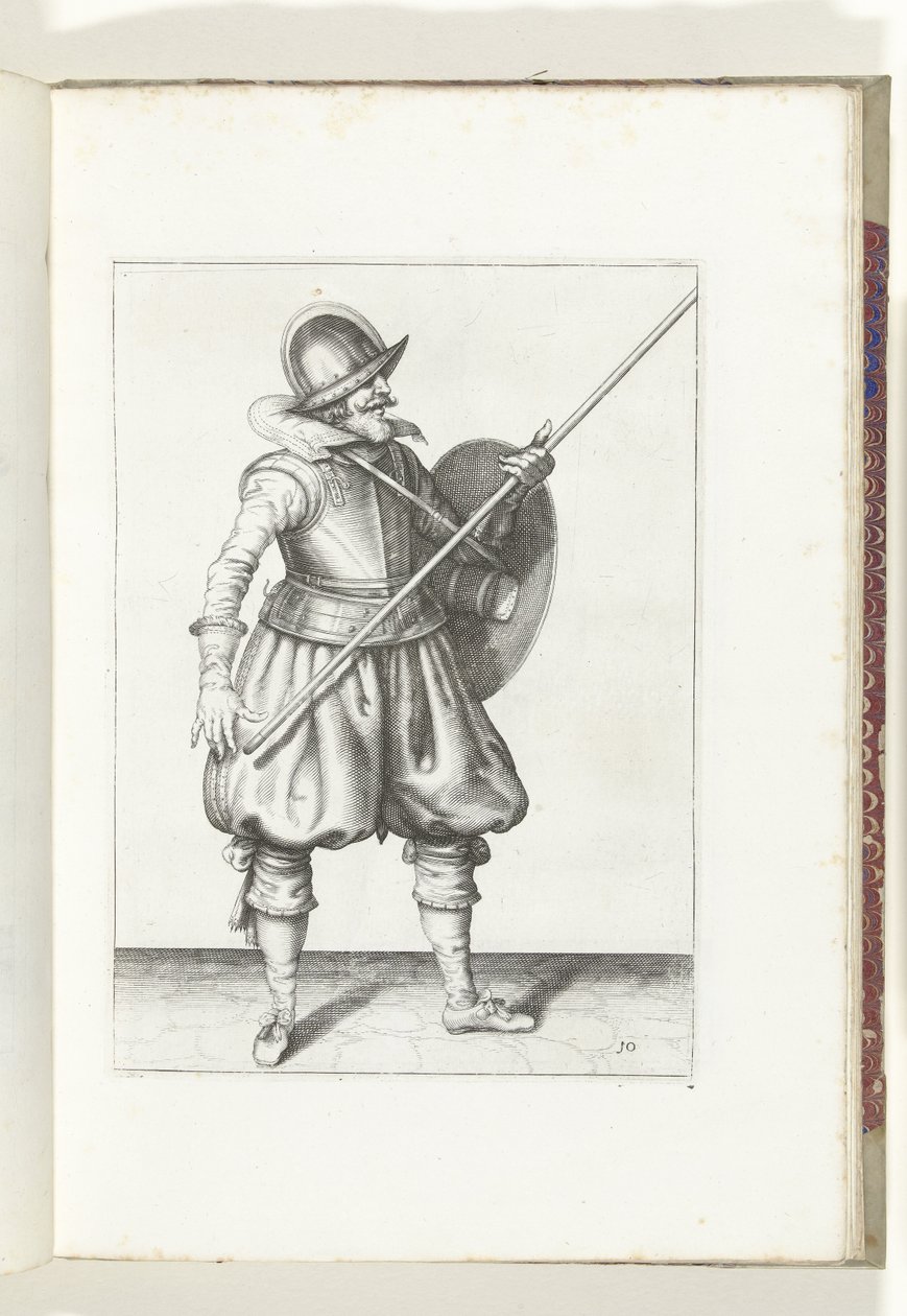 Øvelsen med skjold og spyd: soldaten returnerer spydet til hvilestilling i tre ganger, første sats (nr. 10), 1618 Nassausche Wapen-Handelinge, van Schilt, Spies, Rappier and the Targe: beyde figuerlick avbildet, ende innrammet etter av Adam van Breen