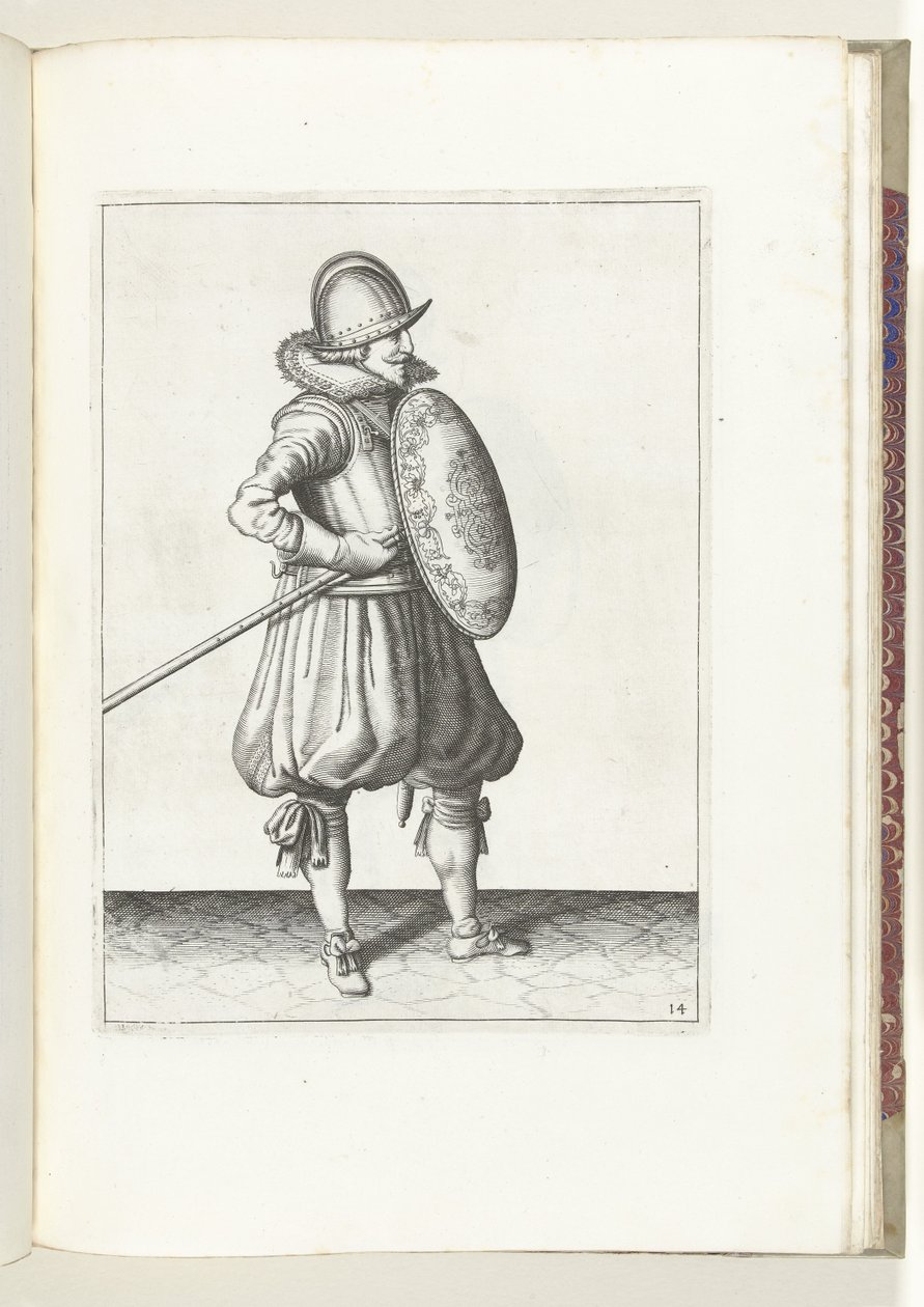Skjold- og piggøvelsen: Soldaten flytter piggen til draposisjon på to ganger, andre bevegelse (nr. 14), 1618 Nassausche Wapen-Handelinge, van Schilt, Spies, Rappier and the Targe: beyde figuerlick avbildet, ende innrammet etter den nye av Adam van Breen