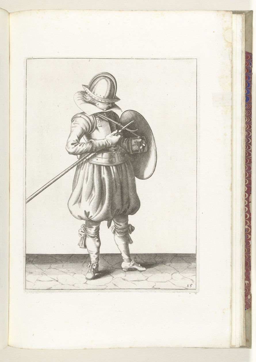 Skjold- og piggøvelsen: Soldaten holder pigg og skjold nær kroppen (nr. 15), 1618 Nassausche Wapen-Handelinge, van Schilt, Spies, Rappier and the Targe: beyde figuerlick avbildet, og innrammet etter den nye orden [av] (...) Maurit av Adam van Breen