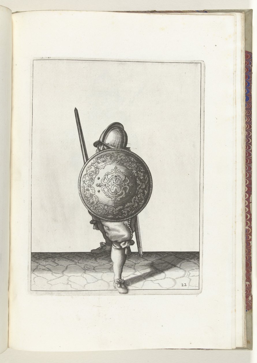 Skjold- og piggøvelsen: Soldaten i forsvarsposisjon med en fot foran og griperen og skjoldet på kneet foran kroppen, sett forfra (nr. 22), 1618 Nassausche Weapons Act, av Schilt, Spies, Rappier og Targ av Adam van Breen