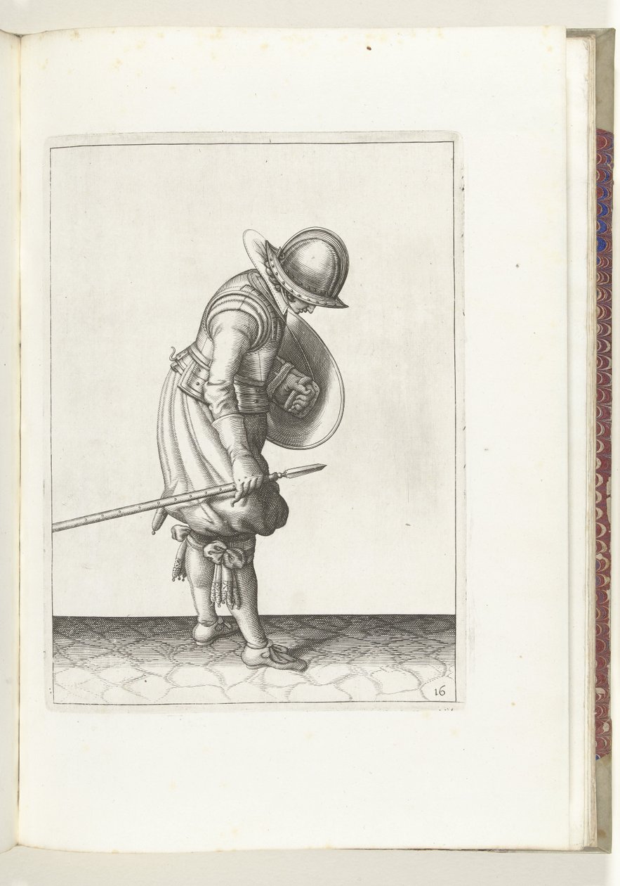 Skjold- og piggøvelsen: Soldaten setter piggen på bakken ved siden av sin høyre fot (nr. 16), 1618 Nassausche Wapen-Handelinge, van Schilt, Spies, Rappier and the Targe: beyde figuerlick avbildet, og innrammet etter den nye rekkefølgen [av] (...) M av Adam van Breen