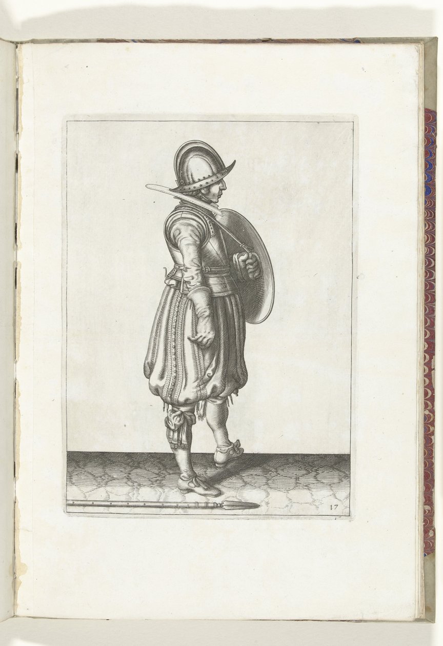Øvelsen med skjold og spyd: soldaten med skjoldet klart og spydet ved siden av høyre fot på bakken (nr. 17), 1618 De Nassausche Wapen-Handelinge, van Schilt, Spies, Rappier ende Targe : beyde figuerlick avbildet, ende gestel etter den nye eller av Adam van Breen