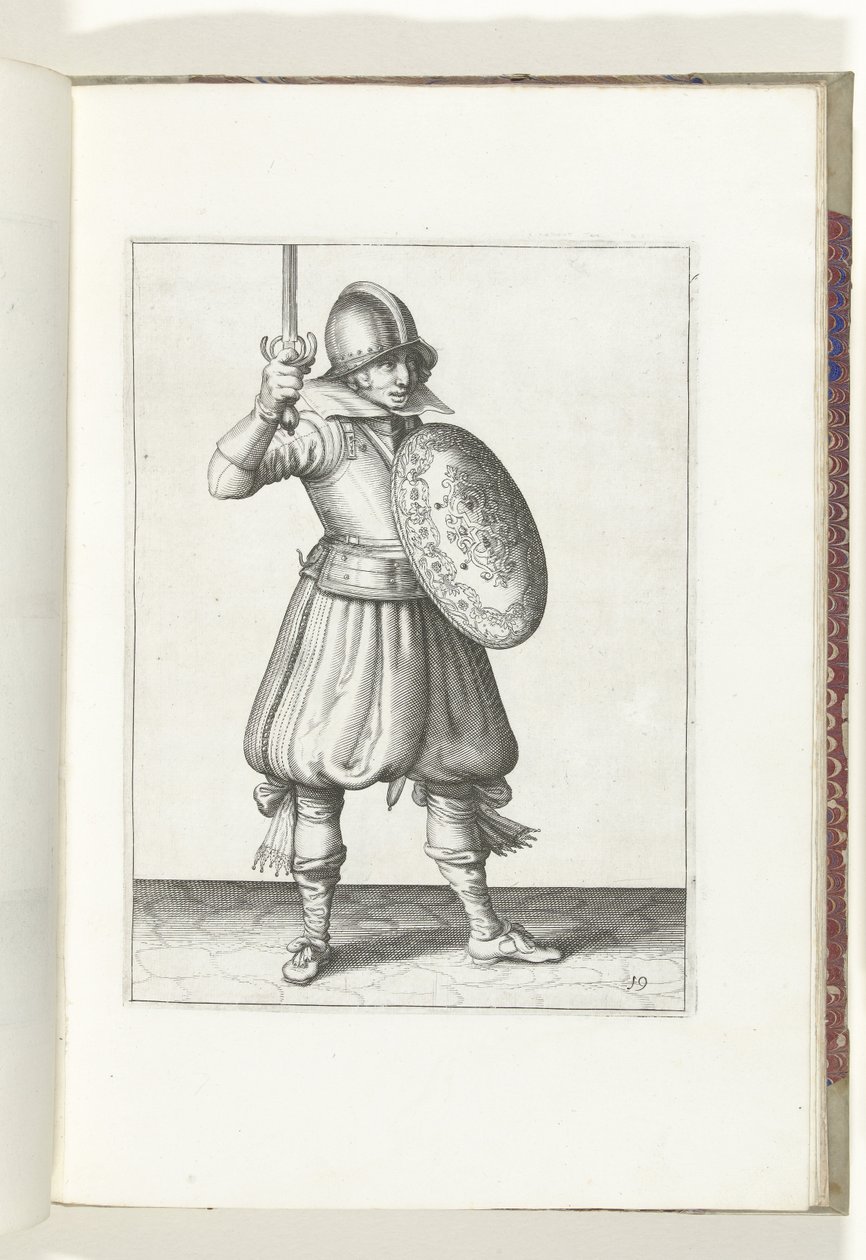 Skjold- og piggøvelsen: Soldaten presenterer sin rapier for hånd, ikke høyere enn ansiktet hans (nr. 19), 1618 Nassausche Wapen-Handelinge, van Schilt, Spies, Rappier and the Targe: beyde figuerlick avbildet, og innrammet etter den nye ordren av Adam van Breen
