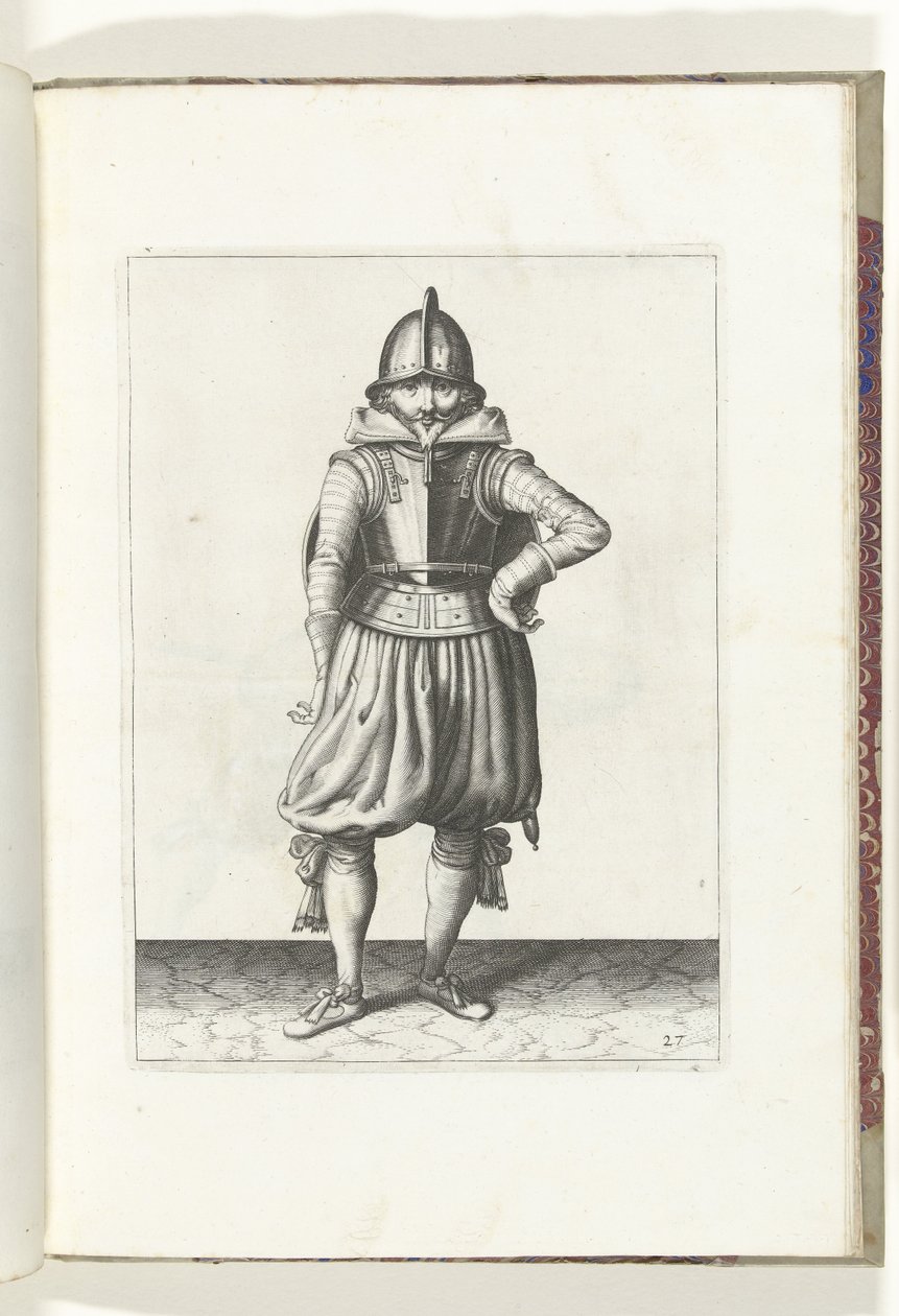 De exercitie met schild en spies: de soldaat staande in rust met het schild op de rug (nr. 27), 1618 De Nassausche Wapen-Handelinge, van Schilt, Spies, Rappier ende Targe : beyde figuerlick afgebeelt, ende gestelt na de nieu ordening [van] (...) Maurits v  av Adam van Breen
