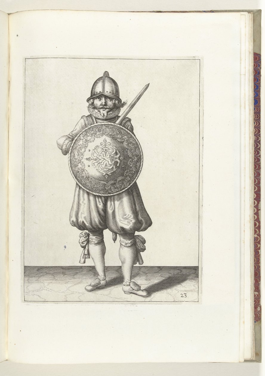Skjold- og piggøvelsen: Soldaten som står i ro, raperen hans hviler på venstre skulder bak skjoldet (nr. 23), 1618 Nassausche Wapen-Handelinge, van Schilt, Spies, Rappier and the Targe: beyde figuerlick avbildet, ende innrammet etter n av Adam van Breen
