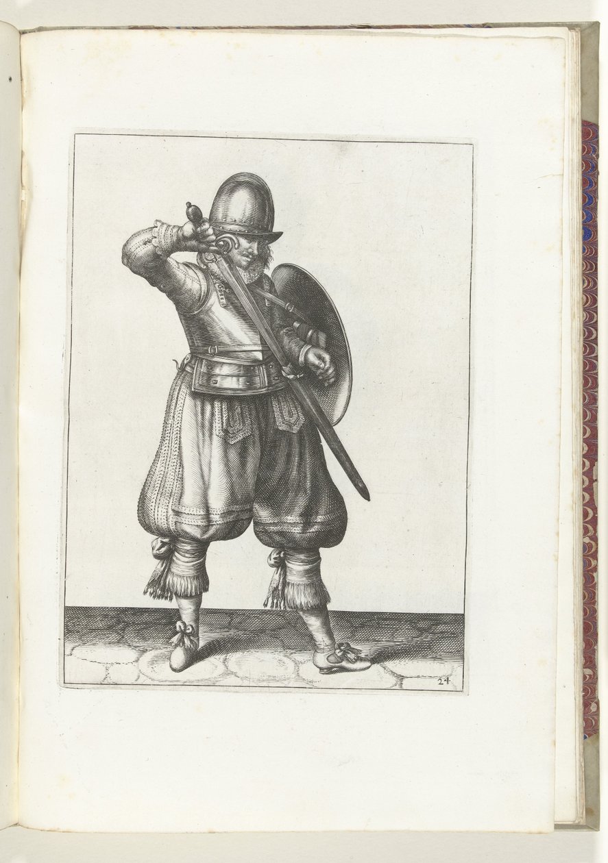 Skjold- og piggøvelsen: Soldaten hylster sin rapier (nr. 24), 1618 Nassausche Wapen-Handelinge, van Schilt, Spies, Rappier and the Targe: beyde figuerlick avbildet, og innrammet etter den nye rekkefølgen [av] (...) Maurits van av Adam van Breen