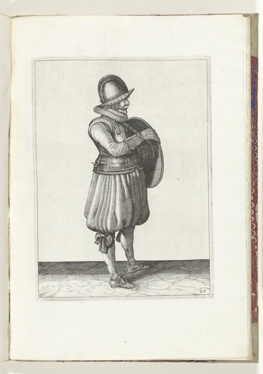 Skjold- og piggøvelsen: Soldaten trekker armen fra skjoldets belte (nr. 25), 1618 Nassausche Wapen-Handelinge, van Schilt, Spies, Rappier and the Targe: beyde figuerlick avbildet, og innrammet etter den nye orden [av] (...) Maurits av Adam van Breen