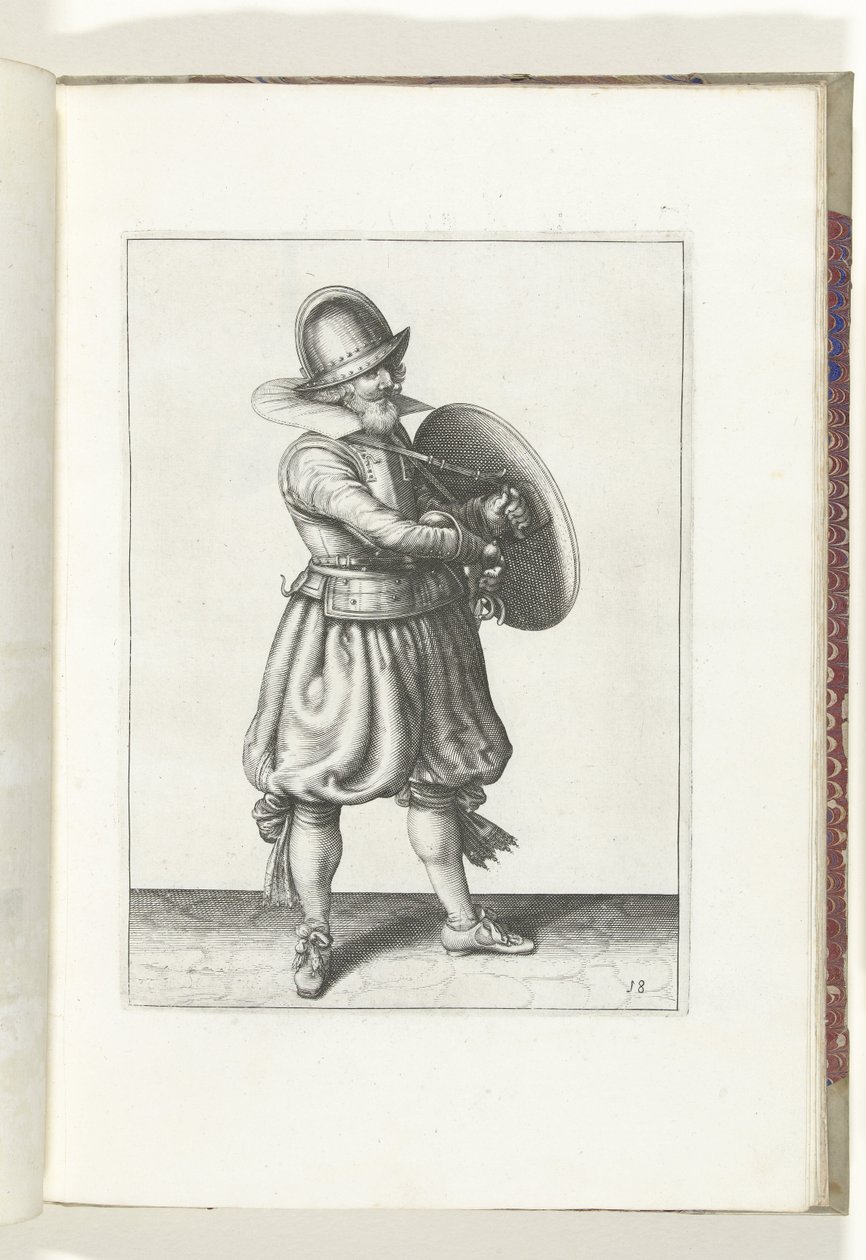 Skjold- og piggøvelsen: Soldaten tegner sin rapier fra bak skjoldet (nr. 18), 1618 Nassausche Wapen-Handelinge, van Schilt, Spies, Rappier and the Targe: beyde figuerlick avbildet, og innrammet etter den nye orden [av] (...) Maurits v av Adam van Breen