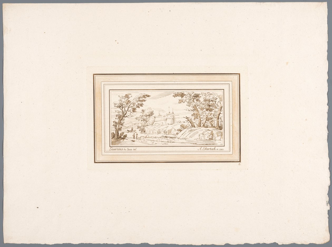 Elvelandskap med muren til en festning Trykk etter tegninger av Guercino oppbevart i Hofbibliothek i Wien (serietittel) Recueil d