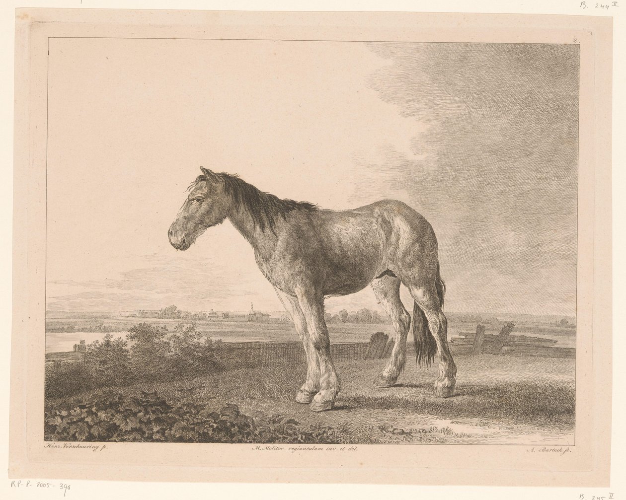 Stående hest i et elvelandskap Dyr etter malerier av nederlandske mestere (serietittel) Différens animaux graves d