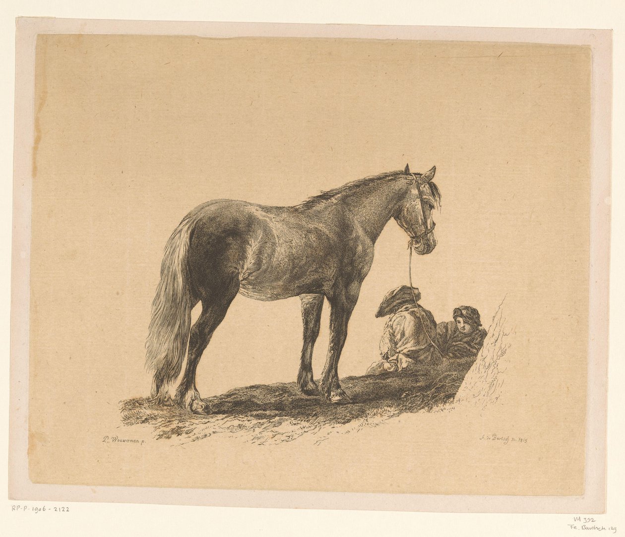 Stående hest med to menn som sitter på bakken Seks trykk etter tegninger av Adam von Bartsch i samlingen til Heinrich Xaver Ritter von Hauer (serietittel) Six estampes gravées par Adam de Bartsch d