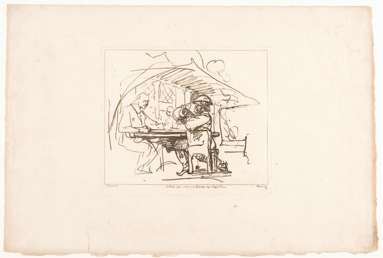 To menn ved et bord, en av dem med en mugge Seks trykk etter tegninger av Rembrandt, oppbevart i Hofbibliothek i Wien (serietittel) Six estampes gravées d