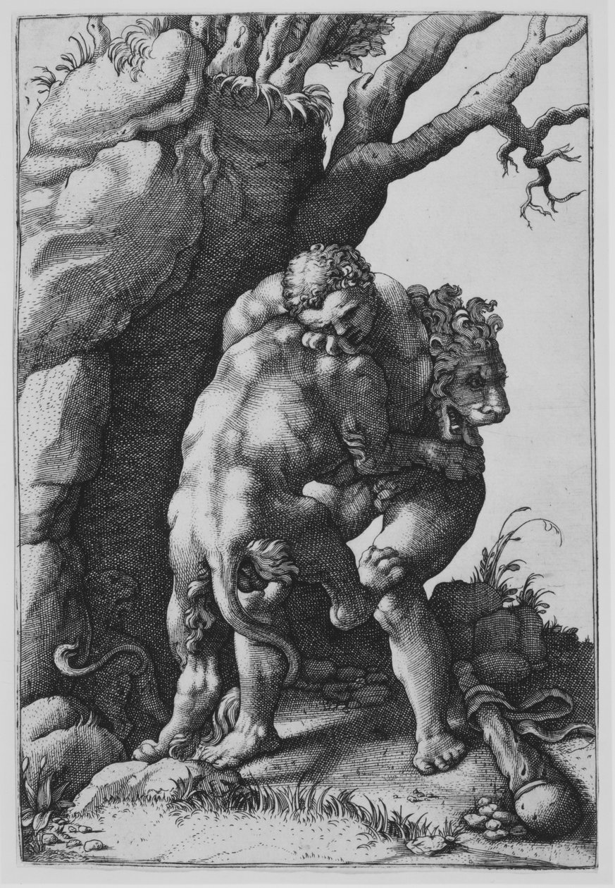 Hercules og Nemean Lion. av Adamo Scultori