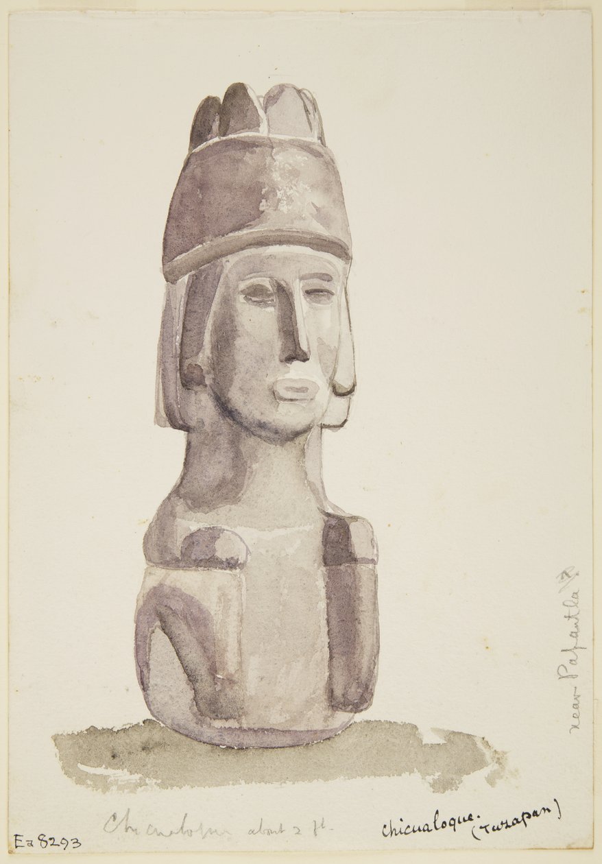 2 fot høy steinstatue av et menneskehode fra Chicualoque, nær Papantla (akvarell) av Adela Breton