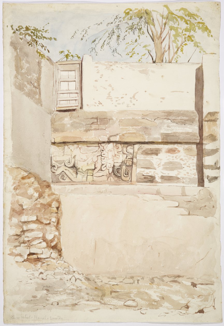 Et steinrelieff i en husvegg fra Izamal, Yucatan, Mexico av Adela Breton