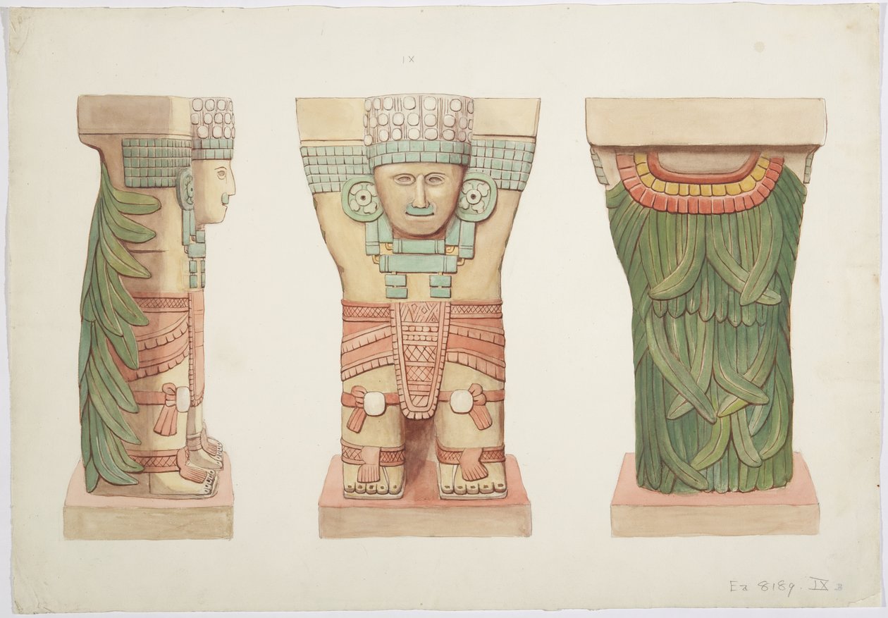 Caryatid IX, som viser front-, side- og bakvisninger (akvarell) av Adela Breton