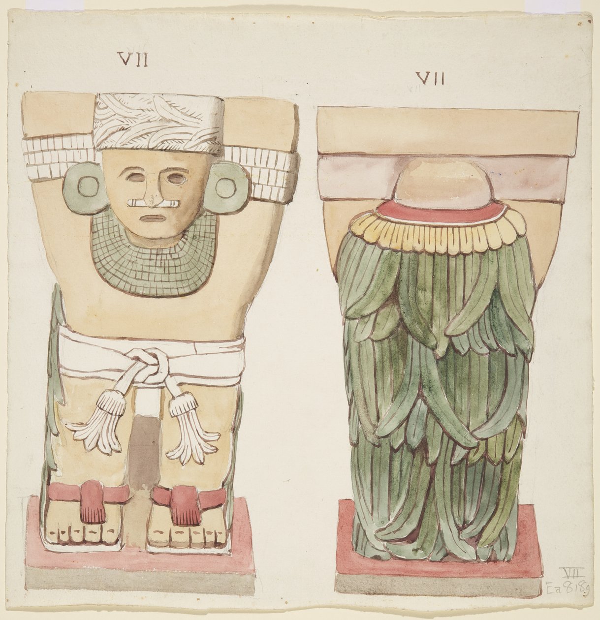Karyatid fra ytre kammer, Temple A, ballbane, Chichen Itza, Mexico (akvarell) av Adela Breton
