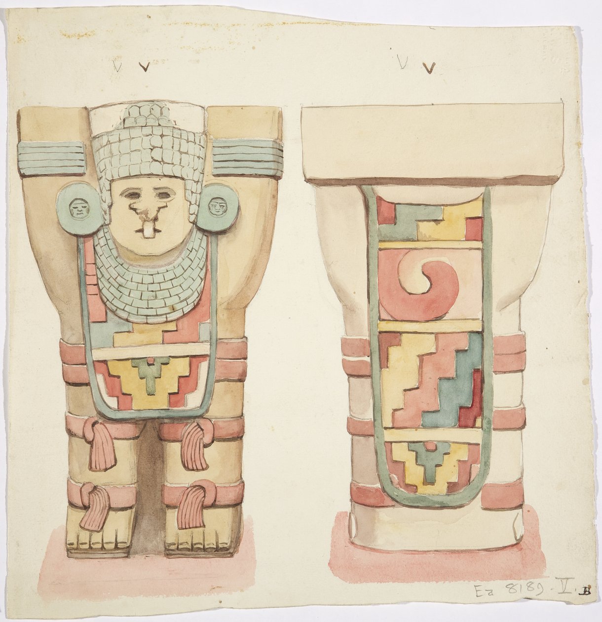 Karyatid fra ytre kammer, Temple A, ballbane, Chichen Itza, Mexico (akvarell) av Adela Breton