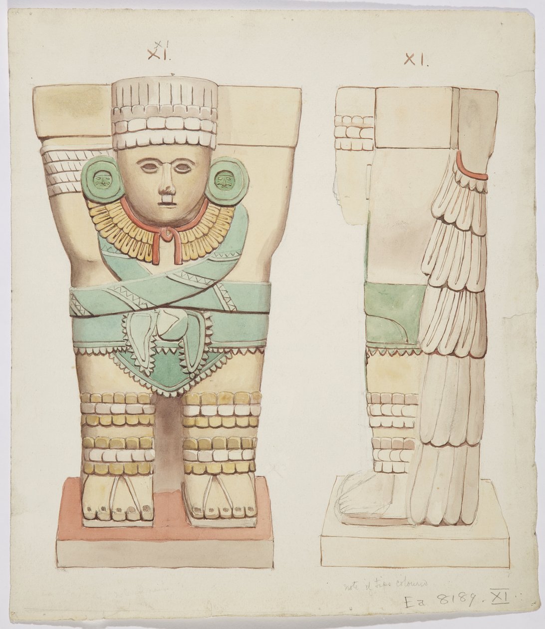 Karyatid fra ytre kammer, Temple A, ballbane Chichen Itza, Mexico (akvarell) av Adela Breton