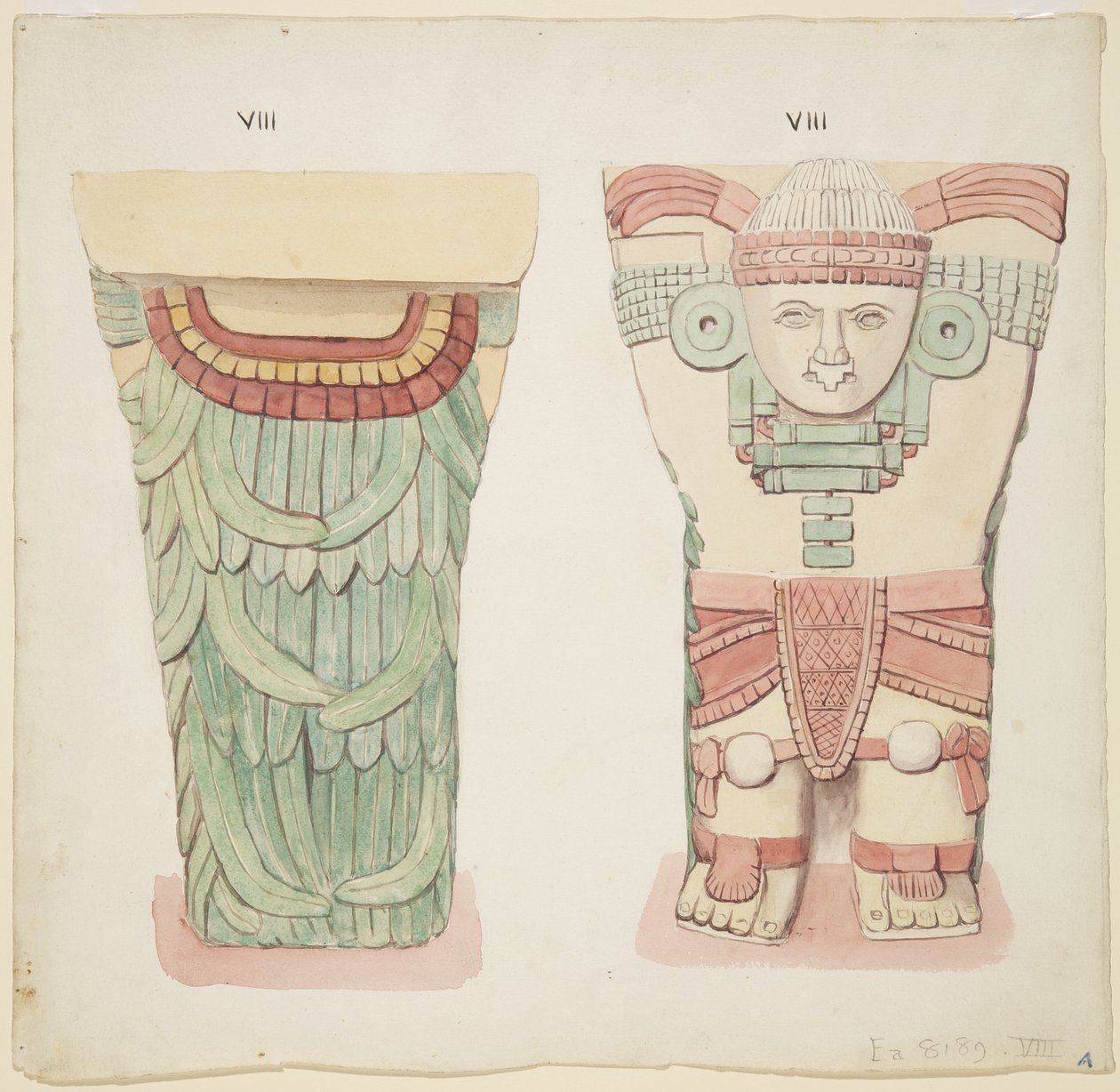 Karyatid fra ytre kammer, Temple A, ballbane, Chichen Itza, Mexico (akvarell) av Adela Breton