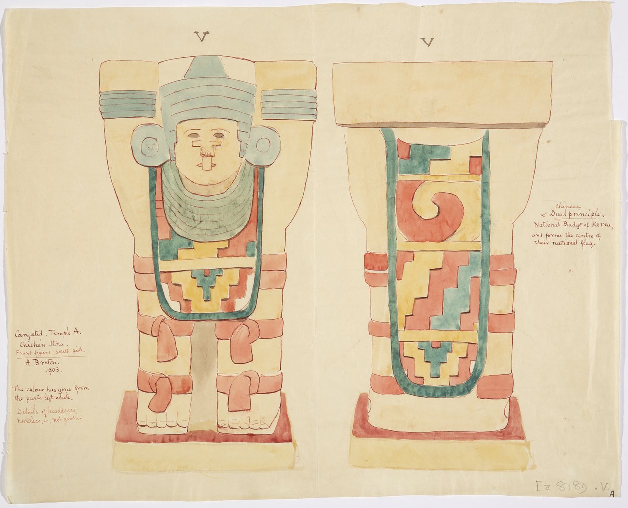 Karyatid fra det ytre kammeret, Jaguarens øvre tempel (tempel A), ballbane, Chichen Itza (akvarell) av Adela Breton