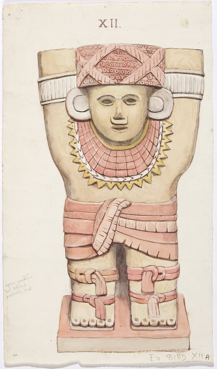 Karyatid fra ytre kammer, tempel A, ballbane, Chichen Itza, Mexico (akvarell) av Adela Breton