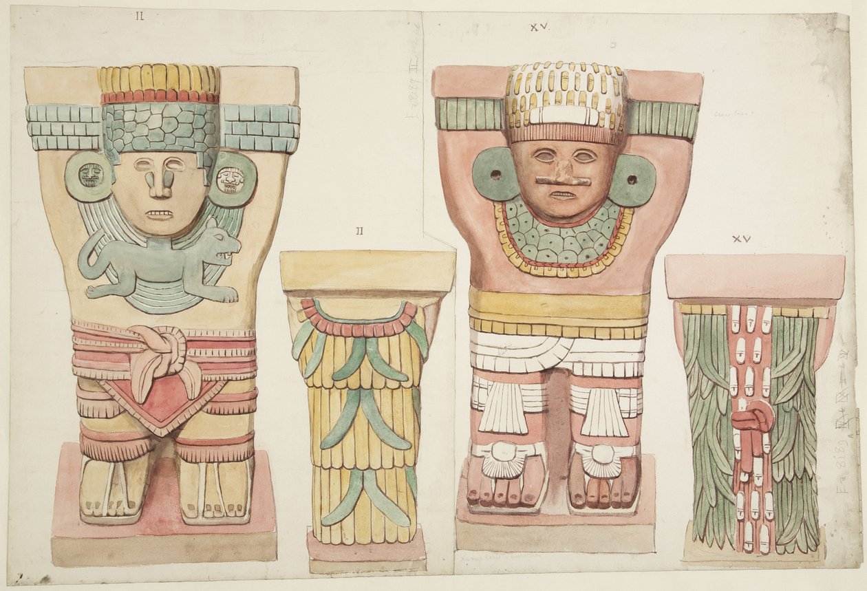 Caryatids II og XV fra ytre kammer, Upper Temple of the Jaguars, Chichen Itza, Mexico (akvarell) av Adela Breton