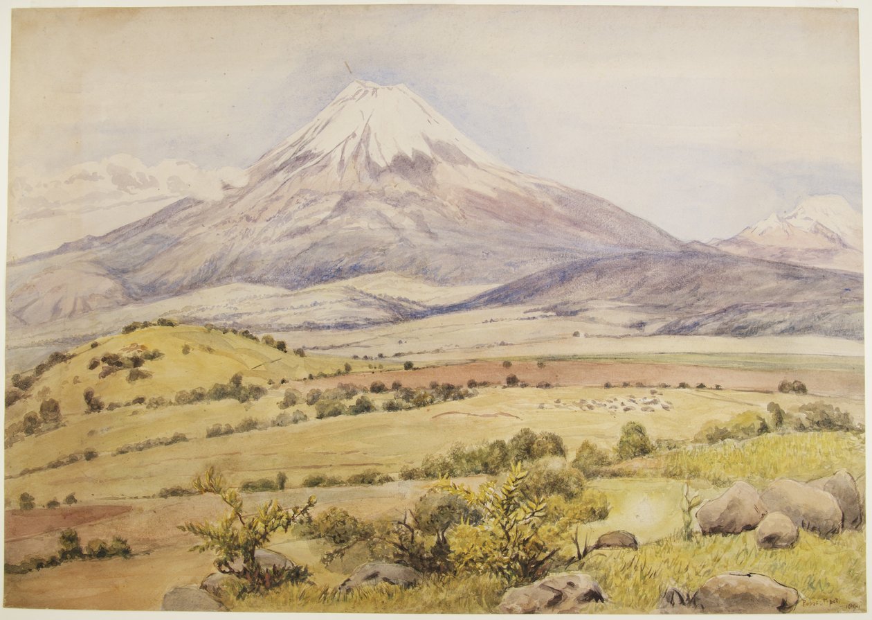 Skyen kommer opp klokken 10:30 Popocatepetl fra Atlixco, Puebla, Mexico (akvarell og kroppsfarge) av Adela Breton