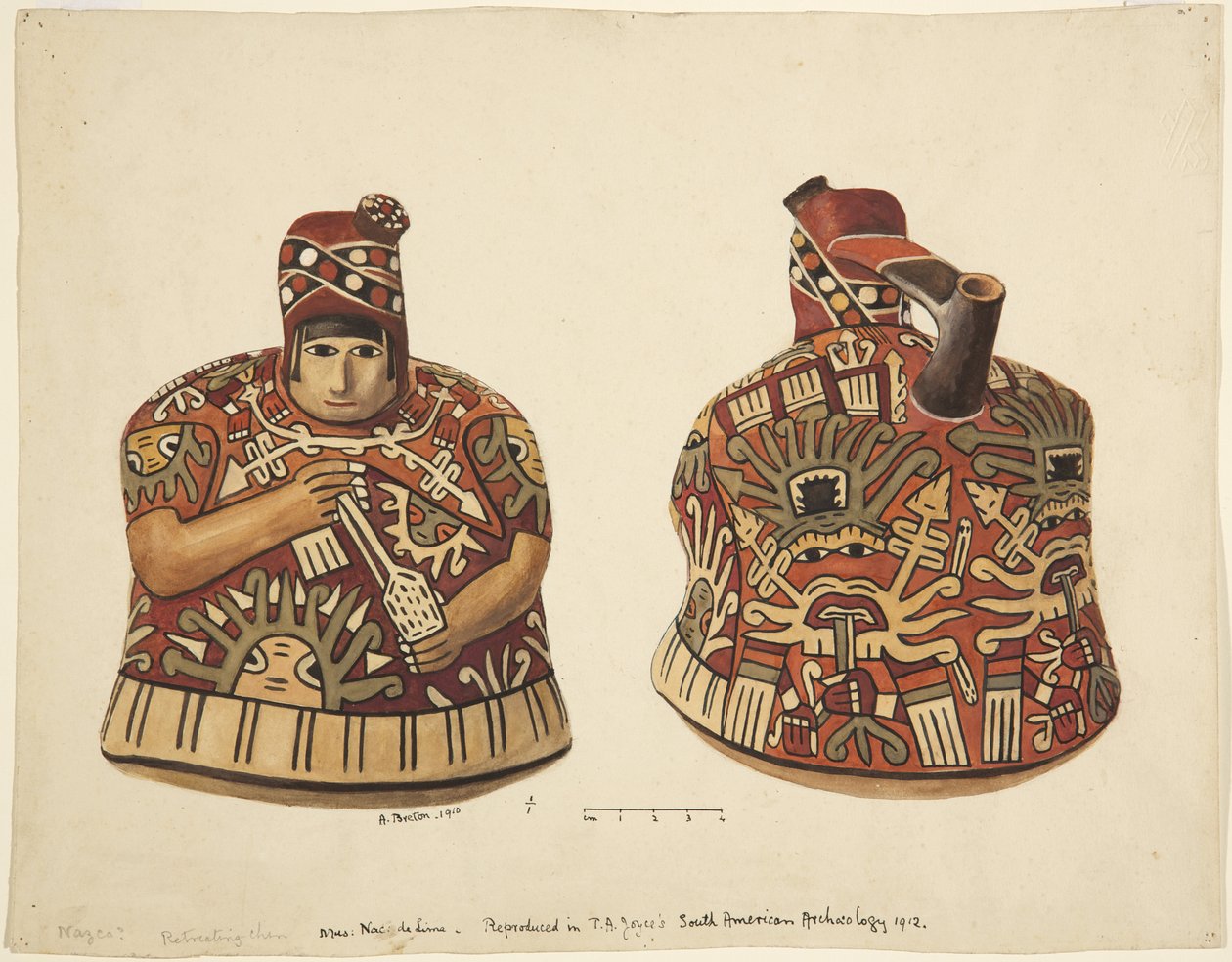 Beholder med en menneskelig figur på den ene siden og en tut bak hodet Fra Nazca, Peru (akvarell) av Adela Breton