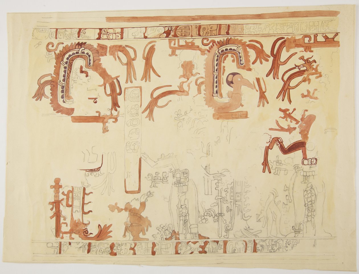 Design fra en gryte Belize (tidligere Britisk Honduras) Design inkluderer menneskelige figurer og fjærkledde slanger (akvarell) av Adela Breton