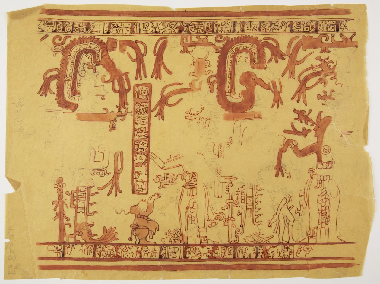 Design fra en gryte Belize (tidligere Britisk Honduras) Design inkluderer menneskelige figurer og fjærkledde slanger (akvarell) av Adela Breton