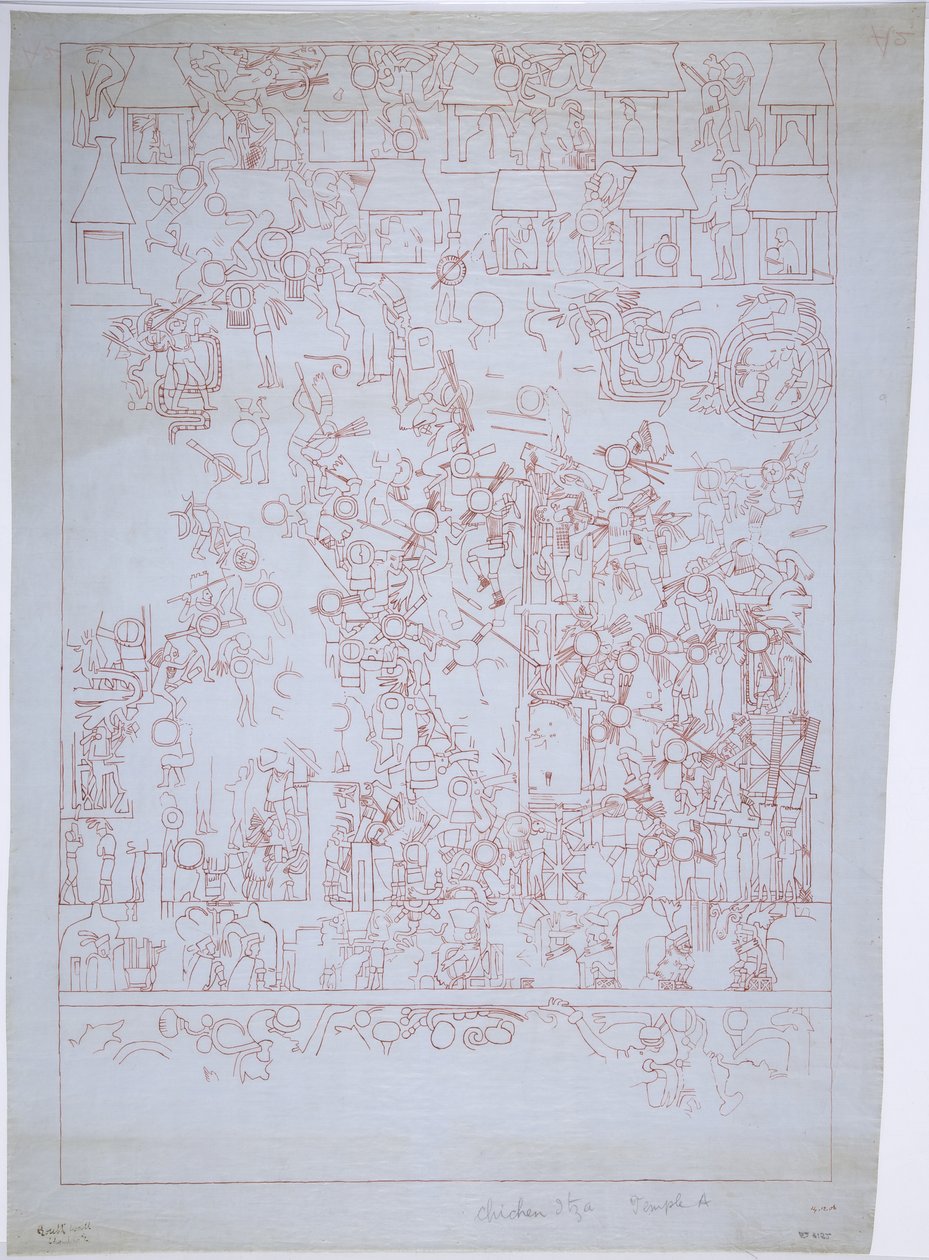 Tegning av sørmuren, Jaguarens øvre tempel, Chichen Itza, Mexico (rødt blekk) av Adela Breton