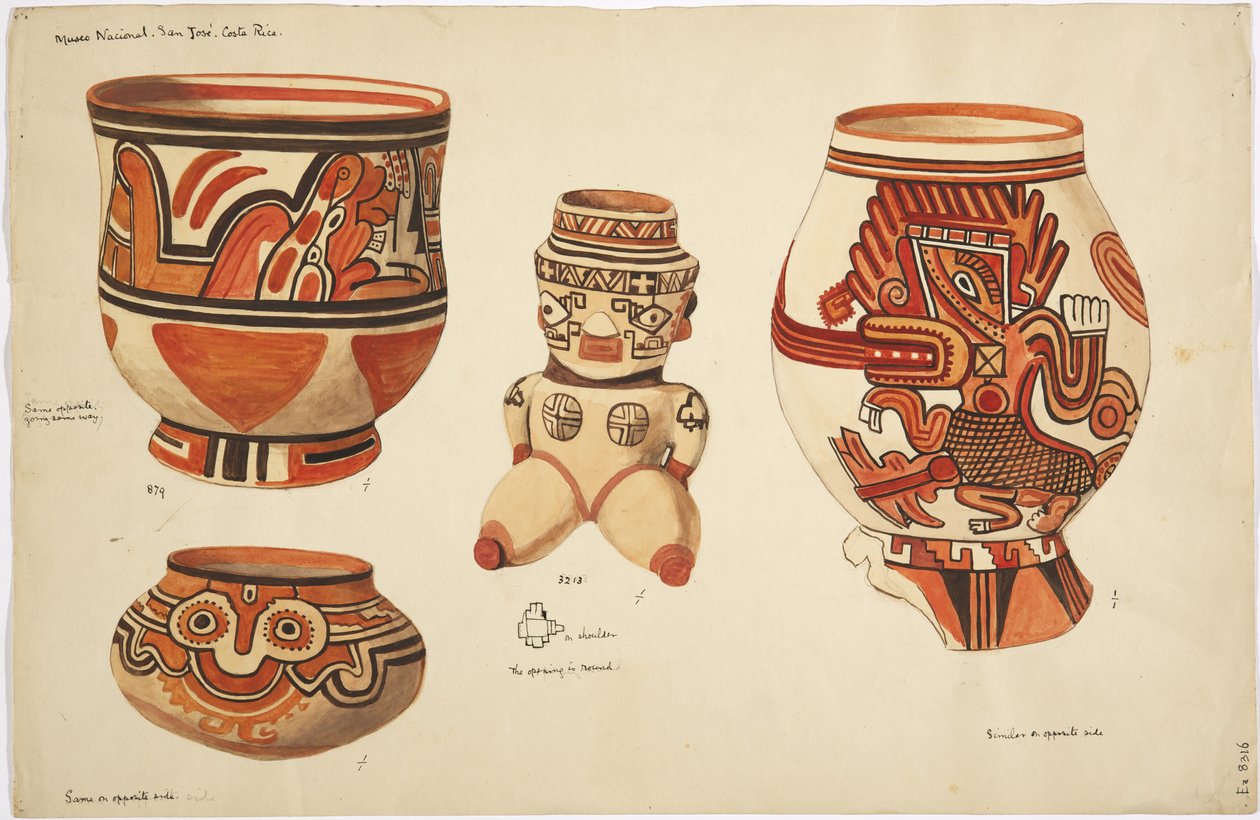 Fire keramikkstykker - tre vaser og en figur (akvarell) av Adela Breton