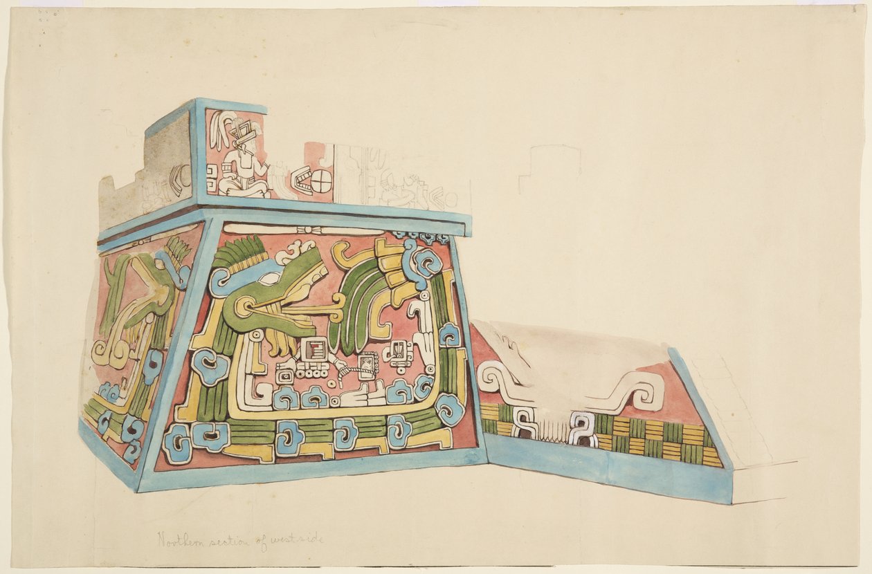 Maleri av et steinrelieff fra Xochicalco, Mexico Nordenden av vestsiden av nedre terrasse Akvarell (akvarell) av Adela Breton