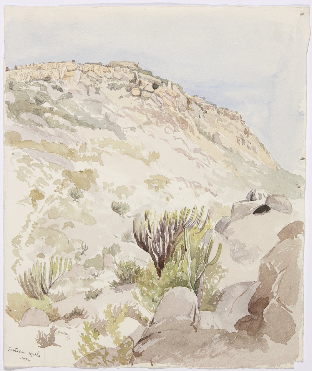 Rester av festningsmurene på toppen av en høyde ved Mitla, Oaxaca (akvarell) av Adela Breton