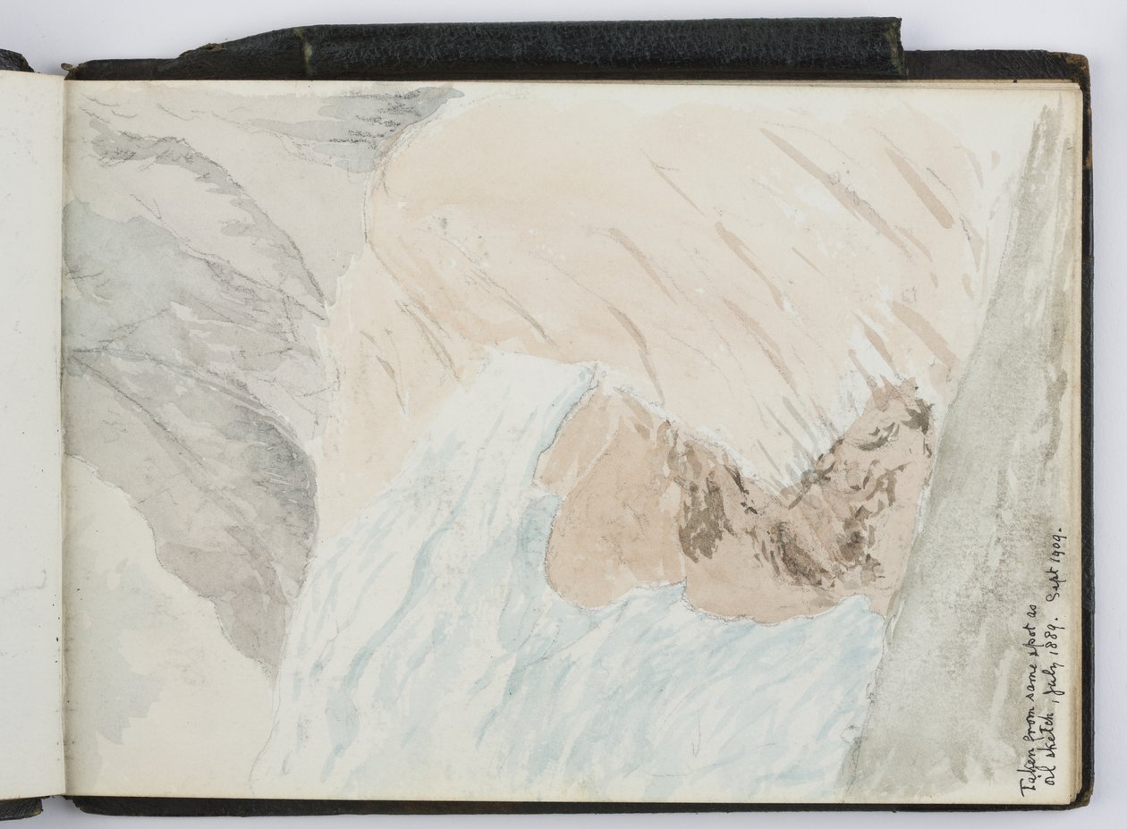 Skissebok over akvareller, tegninger og notater, Nord- og Sør-Amerika og Europa, 1909-1910, innbundet i grønt skinn (akvarell) av Adela Breton