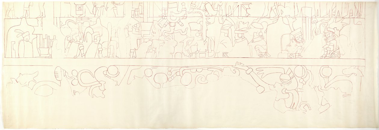 South Wall, Upper Temple of the Jaguars, Chichen Itza, Mexico South Quarter (rødt blekk og grafitt) av Adela Breton