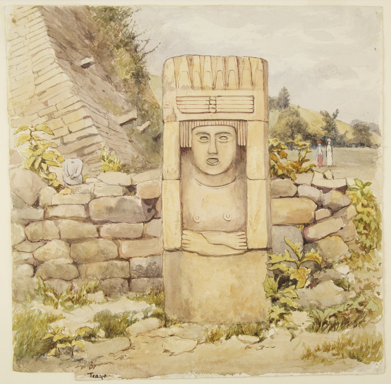 Statue fra Teayo, nord i Veracruz, Mexico Viser steinstatue med bryster og foldede armer (akvarell) av Adela Breton